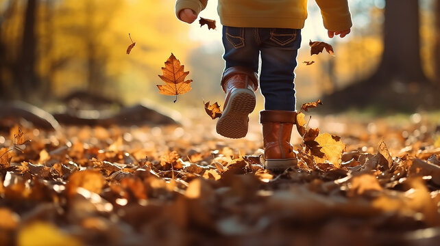 girl child close-up legs, running along the path in the autumn park, leaf fall leaves fly around