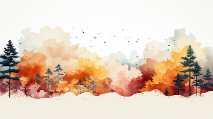 watercolor drawing painting multicolored autumn forest on a white background banner