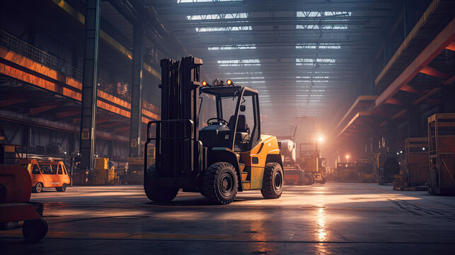 A forklift lifting in industrial plant. Generative Ai