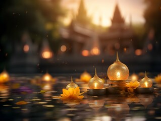 Beautiful Krathong with cadle on river with blurred temple background