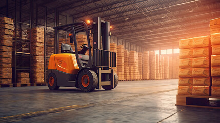 Fototapeta na wymiar A modern forklift lifting product pallets in large warehouse. Generative Ai