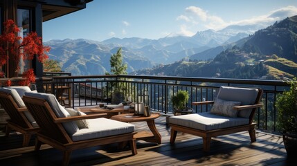 Outdoor mountain villa balcony deck, with natural views of the mountains