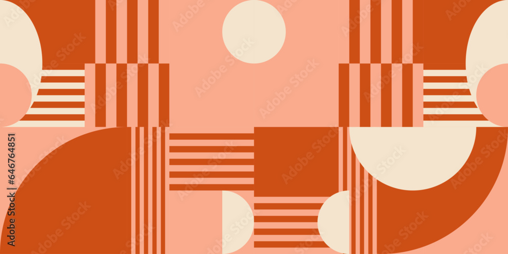 Poster Modern vector abstract  geometric background with circles, rectangles, squares and stripes  in retro Bauhaus style. Pastel colored