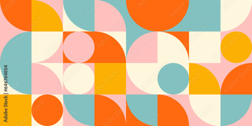 Poster Retro geometric aesthetics. Bauhaus and avant-garde inspired vector background with abstract simple shapes like circle, square, semi circle. Colorful pattern in nostalgic pastel colors.