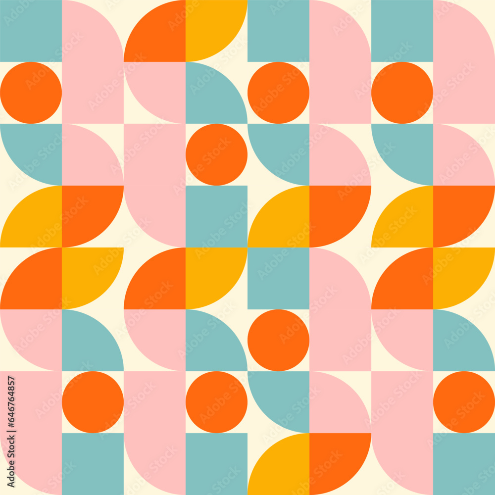 Poster Retro geometric aesthetics. Bauhaus and avant-garde inspired vector background with abstract simple shapes like circle, square, semi circle. Colorful pattern in nostalgic pastel colors.