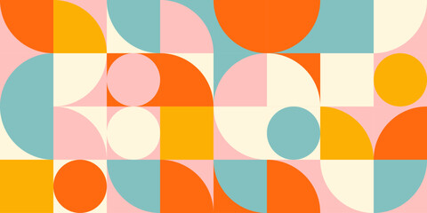 Retro geometric aesthetics. Bauhaus and avant-garde inspired vector background with abstract simple shapes like circle, square, semi circle. Colorful pattern in nostalgic pastel colors. - 646764854