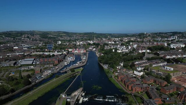 Exeter, South Devon, England: DRONE VIEWS: The River Exe, Exeter Ship Canal, Trews Weir, Exeter Quays and the City of Exeter skyline 