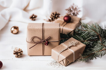 Christmas gift boxes with branch of fir tree, cones and Christmas decoration