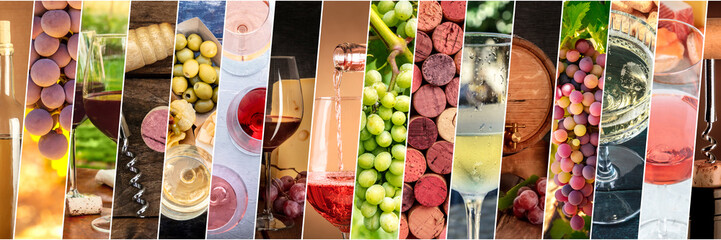 Wine collage. Wine glasses and grapes, a drinks layout for a restaurant menu. Winemaking panoramic header design