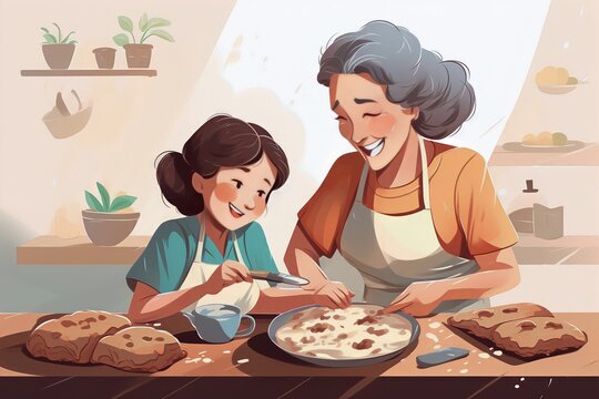 grandmother and granddaughter child cooking in the kitchen, keand dough, baking together, bake cookies, minimalist and modern kitchen
