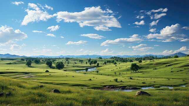 panorama of beautiful green countryside with clear sky