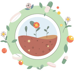 Herbal pills poster. Alternative medicine. Homeopathic treatment and phytotherapy, naturopathy concept with medical supplies made from herbs, flowers and plants, green leaves or natural ingredients