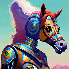 Portrait of a Anthropomorphic horse wearing a jacket. Digital illustration.