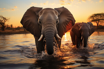 a family of elephants playing in a river