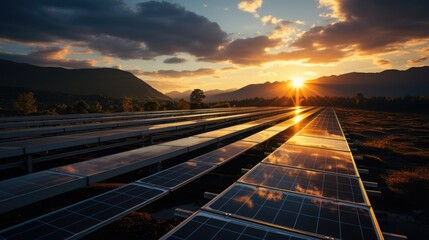 panorama of solar panels and sunset, alternative power source