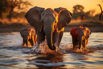a family of elephants playing in a river - obrazy, fototapety, plakaty
