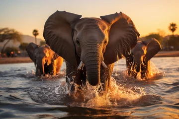 Raamstickers a family of elephants playing in a river © Enigma