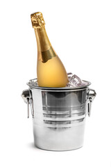 A bottle of champagne in a bucket of ice. Isolate on white background