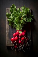a bunch of vibrant red radishes, emphasizing their small round shape and peppery flavor