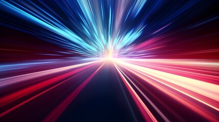 High-speed blur zoom effect, neon color motion on a speedway, panoramic high-speed technology concept, lights abstract background. Sci-fi illustration with neon lights and road. Generative AI.