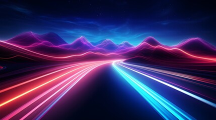 High-speed blur zoom effect, neon color motion on a speedway, panoramic high-speed technology concept, lights abstract background. Sci-fi illustration with neon lights and road. Generative AI.