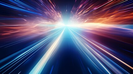 High-speed blur zoom effect, neon color motion on a speedway, panoramic high-speed technology concept, lights abstract background. Sci-fi illustration with neon lights and road. Generative AI.