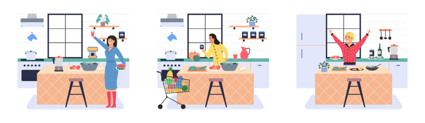 People cooking vegetarian food. Vector illustration. Set of characters cooking meal home. Woman preparing food for dinner. People cooking. Wife preparing healthy alternative from vegetarian nutrition