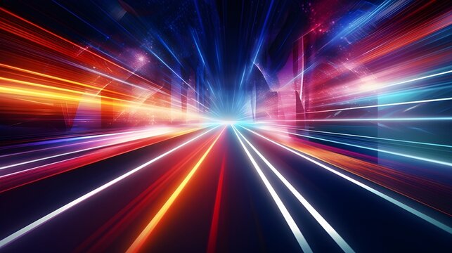 High-speed blur zoom effect, neon color motion on a speedway, panoramic high-speed technology concept, lights abstract background. Sci-fi illustration with neon lights and road. Generative AI.