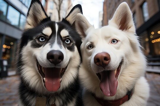 Selfie portrait of two husky dogs