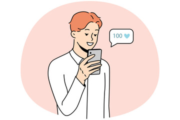 Fototapeta na wymiar Smiling young man using cellphone collect likes on social media. Happy male look at mobile phone screen get acknowledgment from subscribers. Vector illustration.
