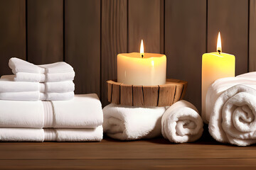 Fototapeta na wymiar Composition of spa candles and towels with rustic wooden background. Candle spa decorations