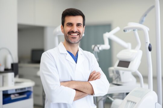 Male portrait of a happy dentist in the background of a dental office.