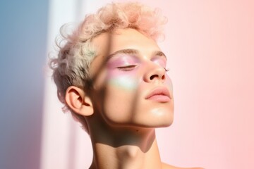 Portrait of a young boy with dyed hair and colored makeup on his face.