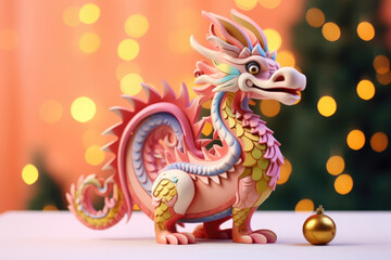 Sculpture of a chinese new year dragon against a backdrop of holiday lights.