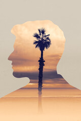 Double exposure portrait of a man with a palm tree