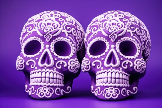 Two purple sugar skulls of the Day of the Dead holiday on a purple background.