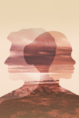 Double exposure portrait of a man, a woman with sea shore