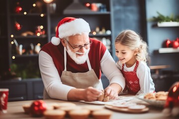 grandfather and grandchild making dough baking together, bake cookies, minimalist and modern kitchen - obrazy, fototapety, plakaty