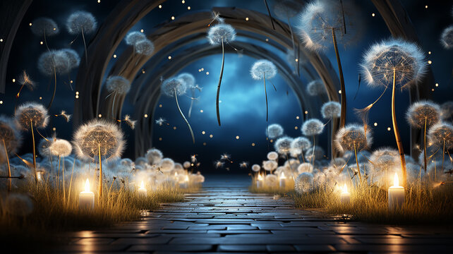 Dandelions Passage arch fantasy scene night lighting Unusual surreal