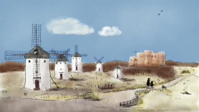 Animation of Spanish windmills in a landscape of La Mancha in Spain with the silhouette of Don Quixote and Sancho Panza