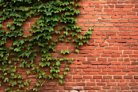 Ivy adorning aged wall. Rustic elegance. Green leaf on weathered brick. Botanical beauty. Nature touch on vintage architecture © Bussakon