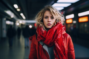 a woman in a red jacket and scarf walking around the city