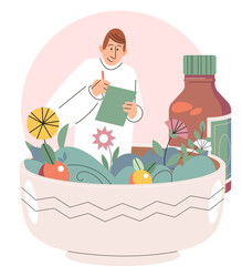 Prepare herbal decoction or tincture. Man cook natural potion in big bowl with various flowers, green leaves and herbal ingredients. Organic cosmetics. Herbal medicine and homeopathy healthcare