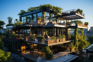 Fototapeta premium Office Building With A Rooftop Garden, Generative AI