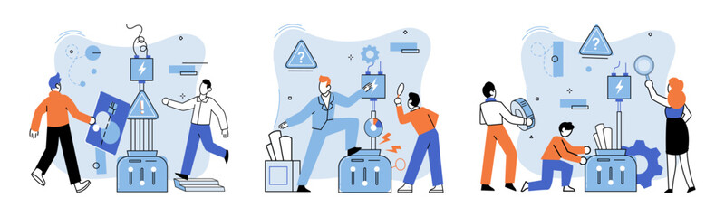 Team solving complex problems. Teamwork vector illustration metaphor. People team working Employee asking questions concept Cross functional team collaboration for common goal Business solution,