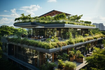 Fototapeta na wymiar Office Building With A Rooftop Garden, Generative AI