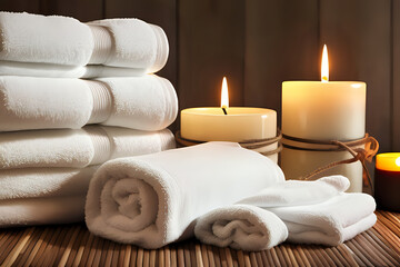 Composition of spa candles and towels with rustic wooden background. Spa still life