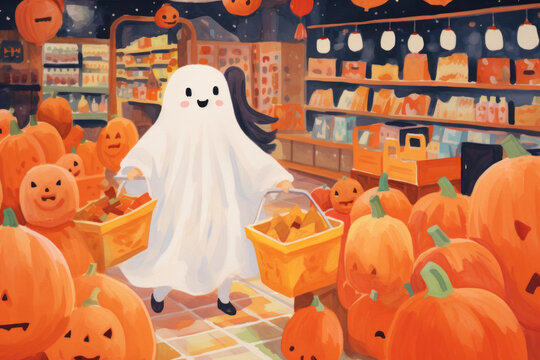 cute ghost illustration hand drawn look sketch colored pencil grocery shopping for pumpkins halloween/autumn textured children's book card style