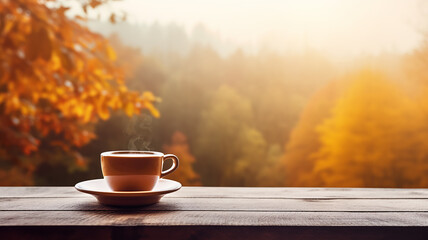 Naklejka na ściany i meble a cup of hot on the background of a blurry autumn landscape