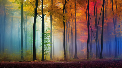 Naklejka na ściany i meble a row of colorful trees in a fantastic landscape of the forest rainbow spectrum autumn in a fairy tale